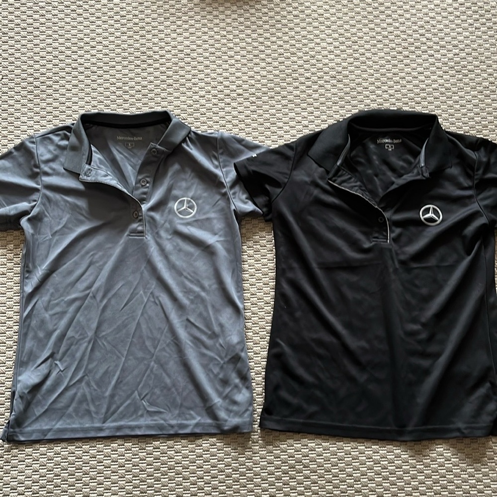 2 official Mercedes Benz polo shirts. Ladies size small, black and gray